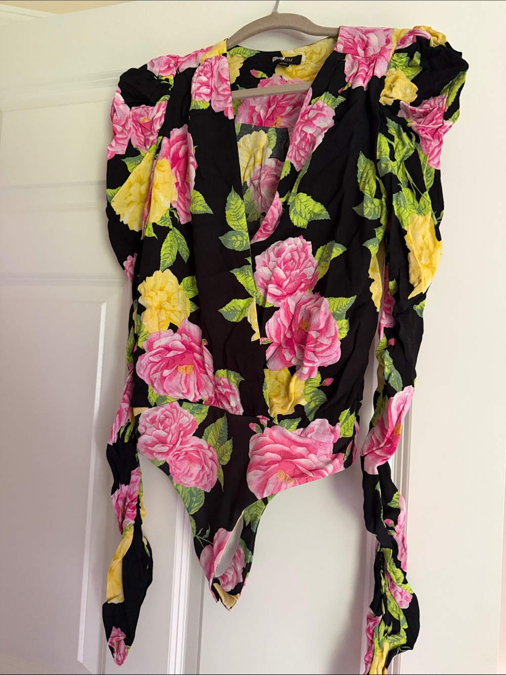 Afrm Floral Wrap Bodysuit in Black with Pink & Yellow Roses